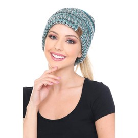 C.C BeanieTail - Gorro de punto trenzado suave y elástico para cola de caballo, 3 tonos, verde azulado., Talla única