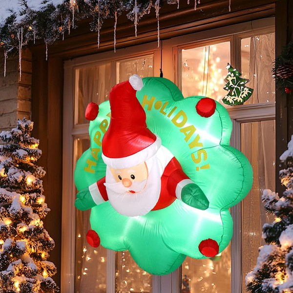 AMOPA 4 FT Lighted Christmas Inflatable Santa w/Wreath Broke Out