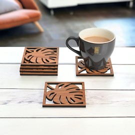 GKD Wooden Coasters for Drink, Leaf Cutwork Square MDF Coaster Set of 6 with Stand, 3.8" Eco-Friendly Absorbent Coasters for for Coffee Table, Bar, Drinking Glasses, Tabletop Protection