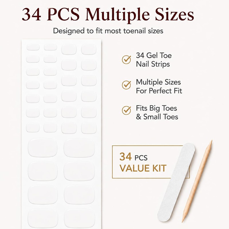 Gel Toe Nail Strips 34Pcs, Pre-Cured, No UV Light, White