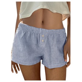 RoseSeek Women's Boxer Shorts Striped Straight Leg Low Rise Baggy Shorts Lounge Pajama Bottoms Shorts Blue and White L
