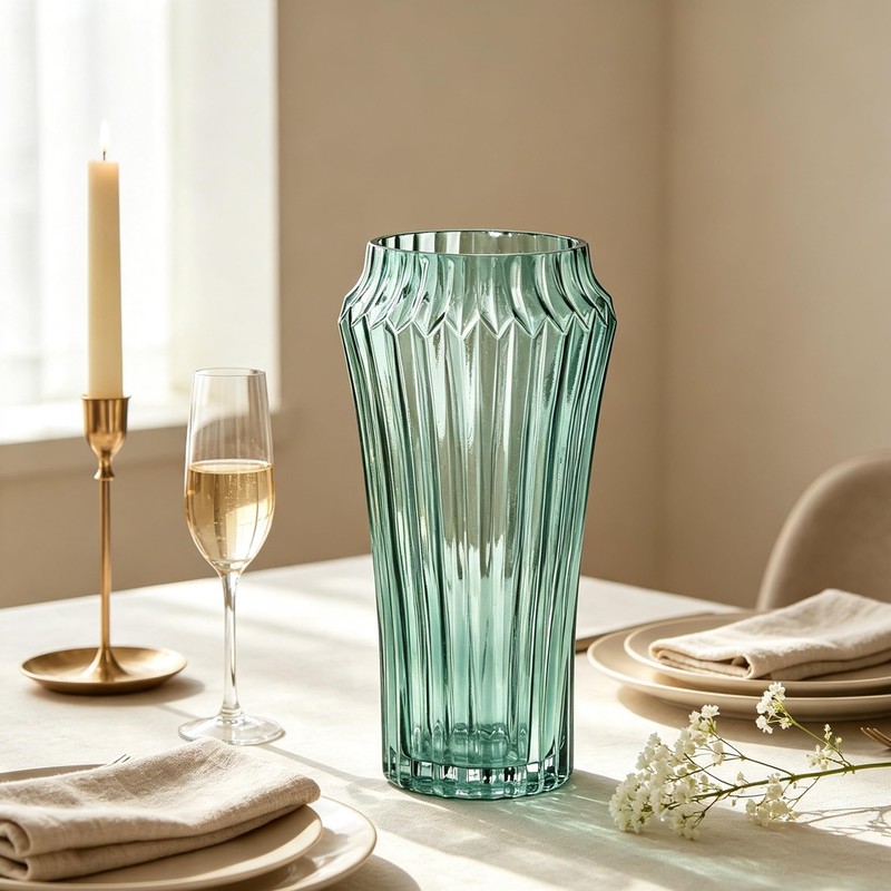 10 inch Green Glass Flower Vase for Pampas Grass, Medium