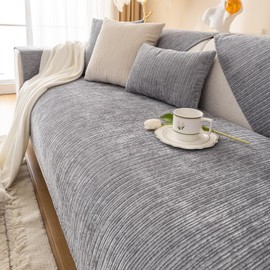 Foreate Chenille Couch Covers for Sofa Striped Sectional Couch Cover for Dogs Anti Scratch Sofa Covers Washable Non-Slip Slipcover Furniture Protector,1 Piece/Not All Set (Grey, 35” x 82”)