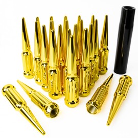 MEILUNBS M14x1.5 Spiked Lug Nuts, 3/4" Hex Closed End Nut with 1 Socket Key, Wheel Spiked Lug Nuts for Silverado Sierra 1500 2500 3500, F150 F250 F350, Fit for Aftermarket Wheel (24Pcs,Gold)