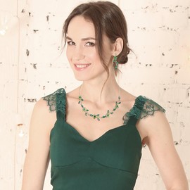 EleQueen Wedding Bridal Jewelry Set for Women Bridesmaid, Elegant Czech Diamond Floral Leaf Statement Necklace Dangle Earrings Set for Prom Party Emerald Color Silver-Tone