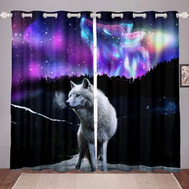 Feelyou Wolf Curtains Galaxy Space Wolf Curtain for Bedroom Cool Wildlife Curtain Safari Wild Window Treatment Drapes 38W x 54L Inches 2 Panels