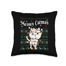 G2T Funny Christmas Outfit Meowy Catmas Cat Fairy Xmas Light Ugly Christmas Sweater Throw Pillow, 16x16, Multicolor