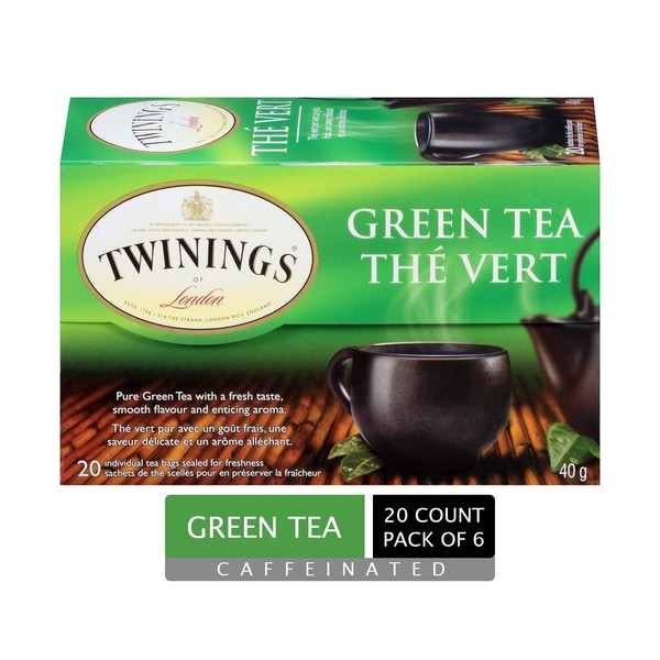 Twinings Classic Green Individually Wrapped Tea Bags | 100% Pure Green Tea, Smooth Flavour, Enticing Aroma | Caffeinated | 20 Count (Pack of 6)