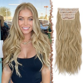 FESHFEN Clip in Hair Extensions for Women - 4 Pcs Thick Double Weft Long Wavy Soft Synthetic Blends Well Hair Extension, 20 inch Mixed Blonde