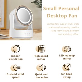 Desk Fan, Personal Desktop Fan with LED Makeup Mirror, Rechargeable Circulation Fan with 5 Speed Adjustment, Small Rotate Bladeless Fans for Bedroom Office Home,Gifts for Women (white)