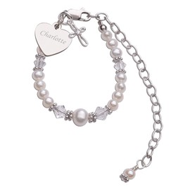 Cherished Babe to Bride Keepsake Cross Bracelet Christening Gift for Infant Newborn Baby Girl in Sterling Silver with Engraved Heart Charm and Cultured Pearls