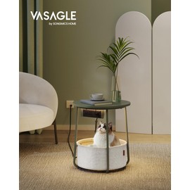 VASAGLE Side Table with Charging Station, Round End Table with Fabric Basket, LED Nightstand with Power Outlets, USB Ports, for Living Room, Bedroom, Modern, Forest Green and Cream White ULET227C01