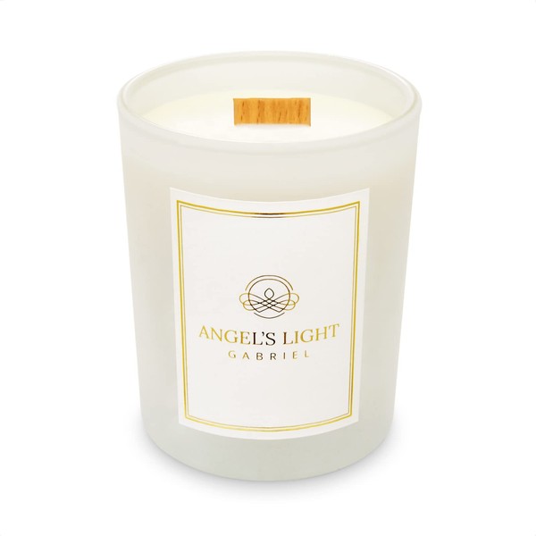 ANGEL'S LIGHT Gabriel - Luxury Scented Candle. Energy of Balance, Care & Guidance. Handmade. 100% Natural Soy Wax with Essential Oils. Sandalwood, Rosemary, Mint & Magnolia. Wooden Wick. 9.5oz