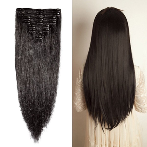 Double Weft 100% Remy Human Hair Clip in Extensions 14''-22'' Grade 7A Quality Full Head Thick Thickened Long Soft Silky Straight 8pcs 18clips Off Black (18" / 18 inch 140g,#1B Natural Black)