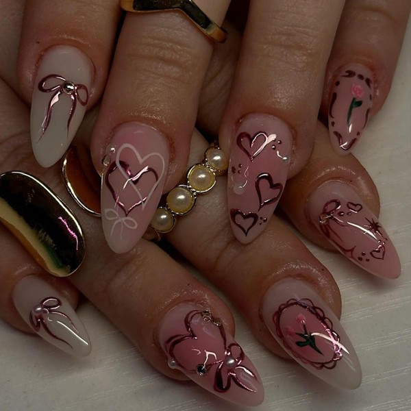 LYMCY Press on Nails, Love flower fake nails, pure handmade
