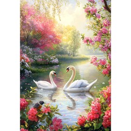 America Forever Spring Swan Garden Paradise House Flag, 28 x 40 inch Double Sided, White Swans Pink Flowers, Spring Lake Garden Pond, Romantic Swan Flag