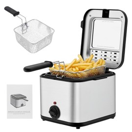 Electric Deep Fryer With Basket & Lid, 1000W Deep Fat Fryers Adjustable Temperature, 2.5 Liter Countertop Small Fryer w/View Window, Stainless Steel, Easy to Clean