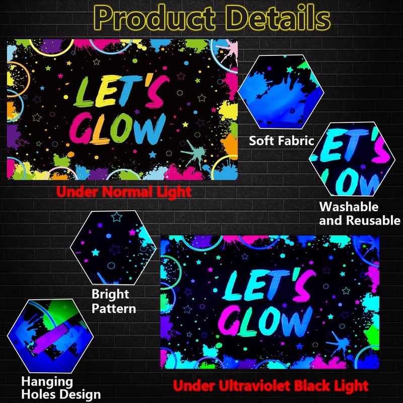 Glow Neon Birthday Backdrop - Let's Glow Banner for Black