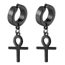 Flongo Hoop Earrings with Ankh Egyptian Cross Pendant Black Earrings Without Hole Stainless Steel Dangle Non-Piercing Ear Clip Earrings for Women Men Girls, Stainless Steel