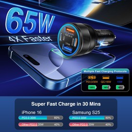 3-Pack Car Charger,4-Port 65W PD+QC 3.0 Car Charger USB C Fast Charge