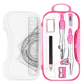 Vobou 10 Pieces Math Geometry Kit Set Student Supplies with Shatterproof Storage Box,Includes Rulers,Protractor,Compass,Eraser,Pencil Sharpener,Lead Refills,Pencil,for School and Drawings（Pink）