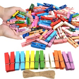 1.35 Inch Mini Clothes Pins for Photo100 Pcs with 32 Feet Jute Twine, Mini Clothes Pins for Crafts, Wooden Small Clothespins for Pictures, Tiny Decorative Clothespins for Baby Shower (10 Colors)