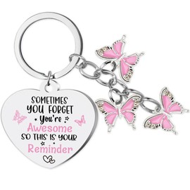 Inspirational Butterfly Gifts Keychain for Women - Pink Encouragement Gift Keyring for Girl Teen Friend Bestie Motivational Presents Sometimes You Forget You're Awesome Little Reminder Heart Keychain