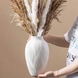 White Ceramic Vase for Pampas Grass, 9.2 Inch Wavy Textured Vase Gift