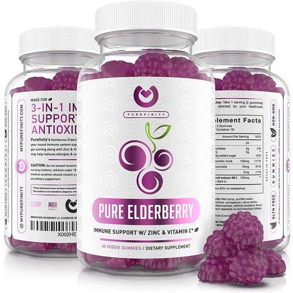 Purefinity Elderberry Gummies â Double Strength Immune Support Gummy Vitamins, Zinc Supplement & Vitamin C Supplement. Sambucus Black Elderberry 150mg Antioxidant Flavonoids, for Adults & Kids!