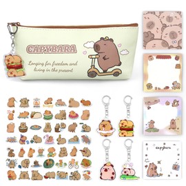 Oerphh 59pcs Capybara Pencil Case Set, Cute Capybara Set with Pencil Box Tags Keychain Stickers, Capybara Zipper Pencil Pouch for Students Girls Boys Kids School (Capybara-B01)