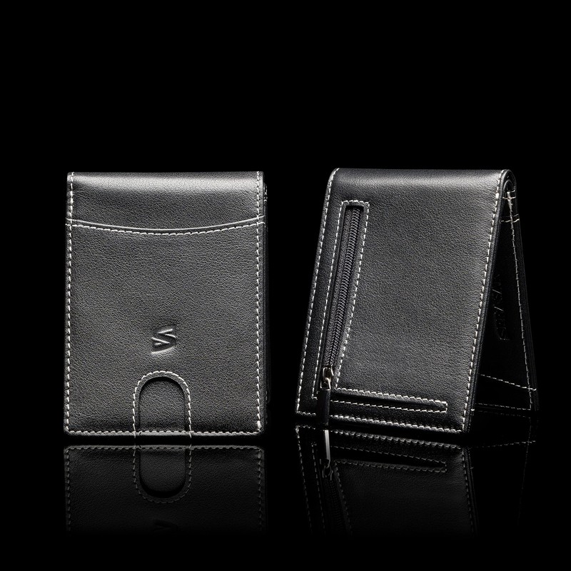 Black/White Leather Card Wallet for Men with RFID Blocker without