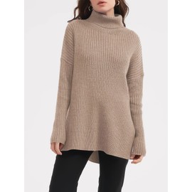 Imily Bela Women's Oversized Turtleneck Jumper, Long Sleeve Tunic Jumper, Loose Fit Winter Sweater, Ribbed Knit Jumper with Side Slit, Dark khaki