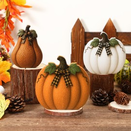 Amyhill 3 Pcs Fall Pumpkin Wodden Table Sign Thanksgiving Wood Block Pumpkin Decor Autumn Farmhouse Rustic Tiered Tray Decorations Table Centerpieces for Home Kitchen(Orange)