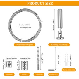 5 m Wall Mount Set, Tension Rope, Stainless Steel Curtain Wire, Tension Wire, Rope Tension Set, Curtain Rope System, Tension System for Washing Line, Shower Curtains, Balcony Curtains, Washing Line