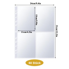 Pack of 60 Transparent Postcard Sleeves, A4 Photo Sleeves, 4 Compartments, Double-Sided Transparent Films, A4, 240 Pockets, Photo Side Protectors for Families, Weddings