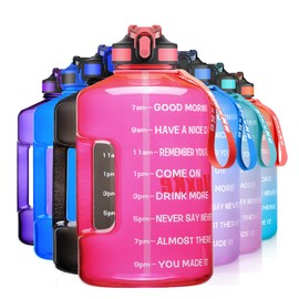 SLUXKE 1 Gallon Water Bottle with Time Marker BPA Free Motivational, 128oz Leak Proof Water Bottle Jug with Handle and Straw Pink