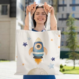 URLLUAE Space Gifts Tote Bag, Cute Rocket Star Planet Canvas Tote Bag, Space Themed Gifts for Lovers Women, Reusable Grocery Bags Shopping Bag