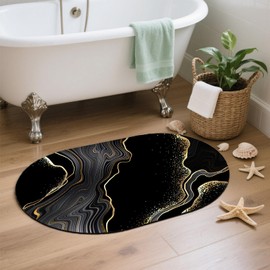 YNXTYB Diatomaceous Mud Bath Mat Abstract Black Golden Marble Oval Soft Wrinkle Free Bathroom Floor Rugs Non-Slip Super Absorbent Fast Drying Bath Rug for Bathroom Kitchen Door Mat 23.6x15.7 Inches