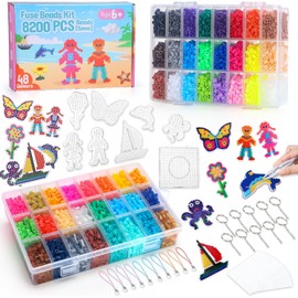 VynyQoo Bügelperlen Set, 8200 Stück 5 mm Bügelperlen in 48 Farben mit Bügelperlen Platten, Bügelpapier, Schlüsselringen, Pinzette – DIY Bastelset, für Kinder, Jungen & Mädchen