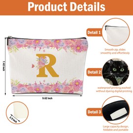 Alphabet Floral Butterfly Initial Makeup Bag, Cosmetic Bags with Zipper, Washable Monogram Roomy Toiletry Pouch, Portable Travel Make Up Brush Skincare Organizer, Rose Gifts for Women, Letter R