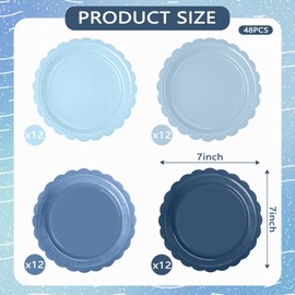 WNINK 48 Pcs Blue Paper Plates Gradient Blue Party Plates 7”Disposable Scalloped Dessert Plates for Birthday Wedding Bridal Engagement Baby Shower Party Supplies Dessert Tableware