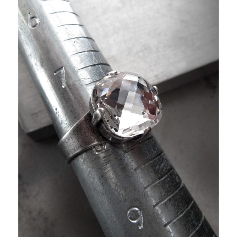 Sparkly Clear Crystal Ring with Antique Silver Plated Adjustable Band