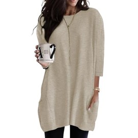 Poetsky Womens Casual Crewneck T-Shirts Loose Fit Short Sleeve Oversized Shirts Plus Size Tunic Tops with Pockets Apricot M