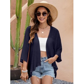 ZANZEA Women Chiffon Kimono Cardigan Open Front Capes Sheer Shrug Top Swim Beach Cover Up Beachwear Blouse Wrap Navy L