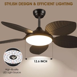 Wiviniya Ceiling Fans with Lights and Remote/APP Control, 48 Inch Tropical Ceiling Fan for Bedroom Living Room, Outdoor Palm Leaf Ceiling Fan for Patios Porch, Dimmable, 6 Speeds, Reversible, Black