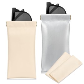 Etercycle Soft Eyeglass Case, 2 Pcs Travel Sunglass Cases Portable Squeeze Top Leather Glasses Bag for Women Men(Sliver, Beige)