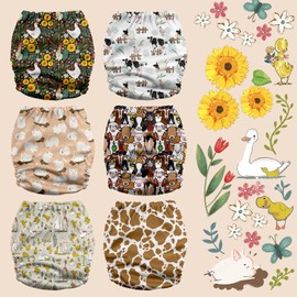 Mama Koala 3.0 Cloth Diapers for Babies with AWJ Lining, 6 Pack with 6 5-Layer Natural Cloth Diaper Inserts - Reusable and Washable Pocket Diapers(A-The Farm Story)