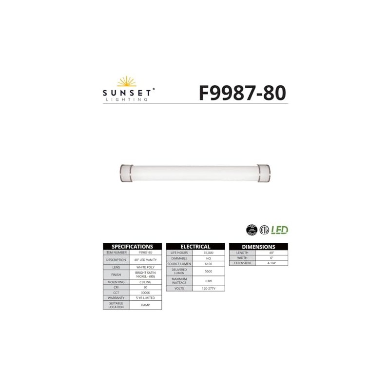 Sunset Lighting LED 48" Vanity 63W 3000K 5500Lm Bright Satin