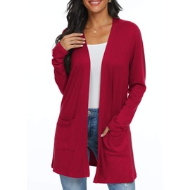 Qixing Women's Cardigan with Pocketes Long Sleeve Casual Lightweight Open Front Cardigan Red-Medium