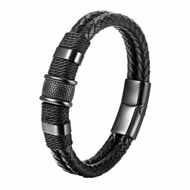 M Men Style Black Leather Bracelet Stainless Steel Metal Stylish Design Fashion Jewellery for & Boys